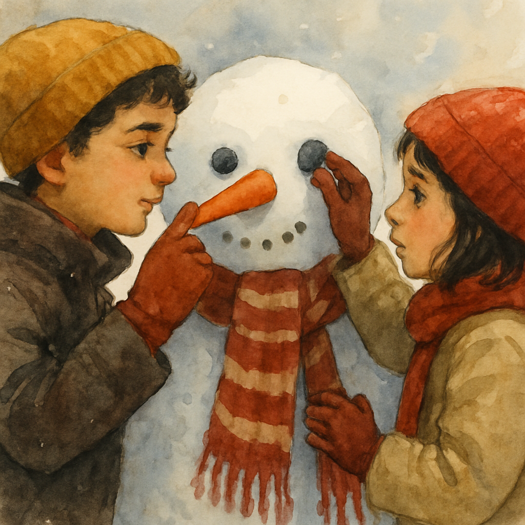 Close-up of the snowman as the siblings finish him. Karim pushes the bright orange carrot into the snow-face. Layla, on tiptoes, places a dark grey stone into one eye-spot — the other eye already in p