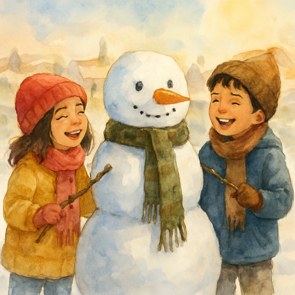 Layla and Karim standing on either side of the finished snowman, Hammoud, each gently shaking one of his stick arms as if greeting a new friend. The snowman has a crooked carrot nose, two pebble eyes,