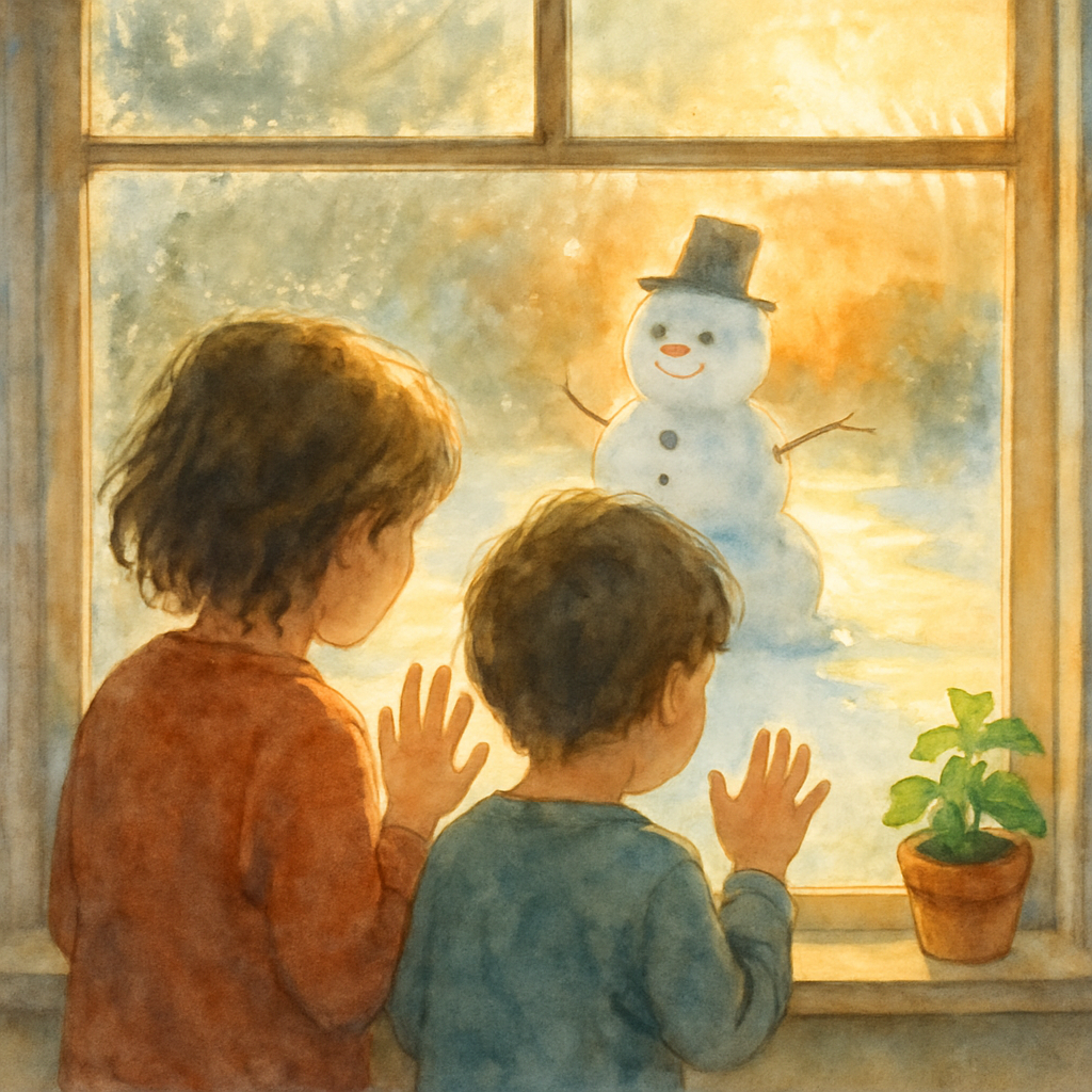 Interior view from behind the two siblings as they stand close together at a frosted window, their faces and hands pressed near the glass. Through the window, the snowman Hammoud sits in a sunlit gard