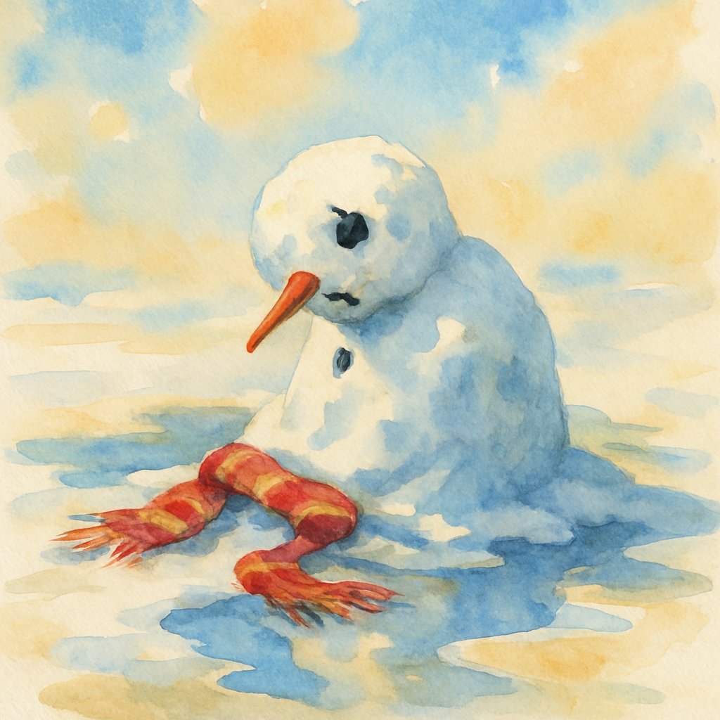An outdoor scene of the snowman now half its size, slumping gently. The striped scarf has slipped down into the wet snow at his base. One stone eye is gone, the other dangling. The carrot nose tilts d