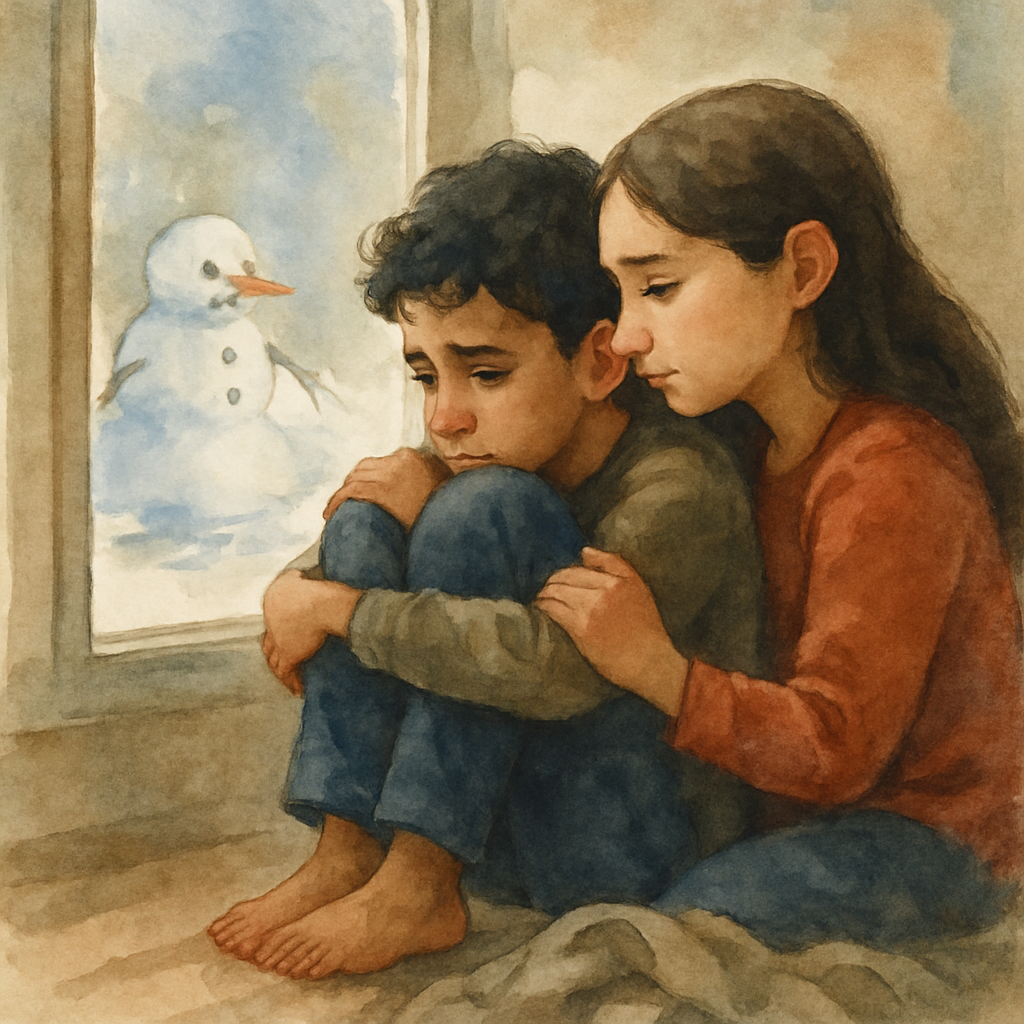 Karim sitting on the floor by the window, knees pulled up, chin resting on them, looking out at the melting snowman. His eyes are glassy with sadness — not crying, just quiet. Layla beside him on the 