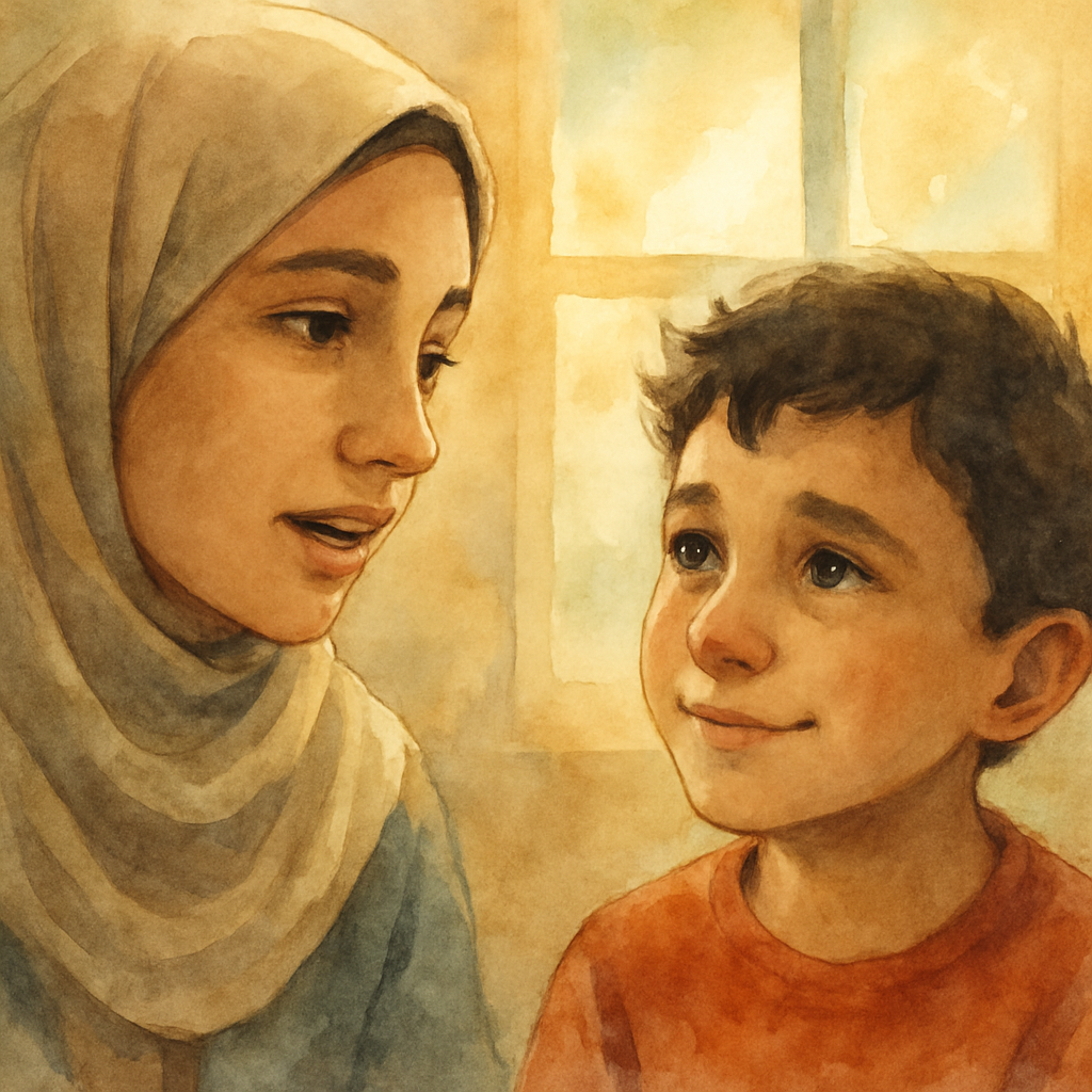Close-up of the siblings' faces, side by side, soft and warm. Layla is speaking, her expression kind and steady. Karim's face has begun to lift — a tiny smile starting at the corner of his mouth, his 