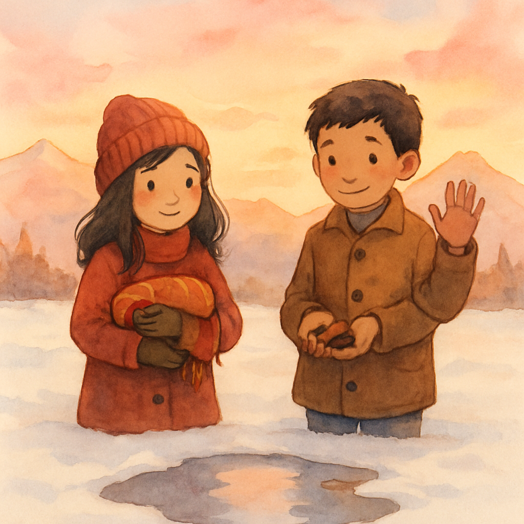 Layla and Karim standing together at the edge of a small puddle where the snowman used to be. Layla holds the folded scarf in her arms like something precious. Karim holds the carrot and stones in his