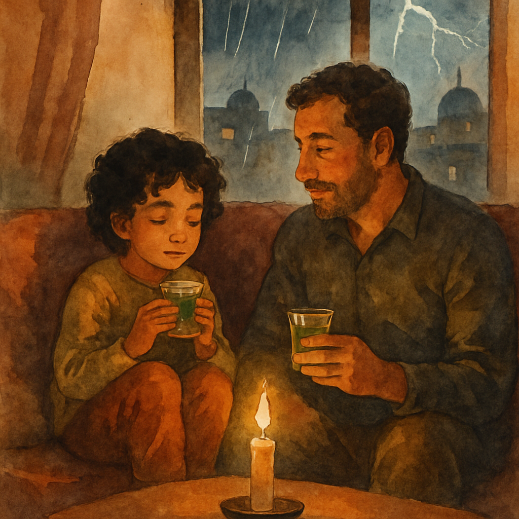 A warm watercolor scene viewed from inside a Levantine apartment at night. A child around 8 years old, dark curly hair, sits curled on a soft couch beside their father, both holding small glass cups o