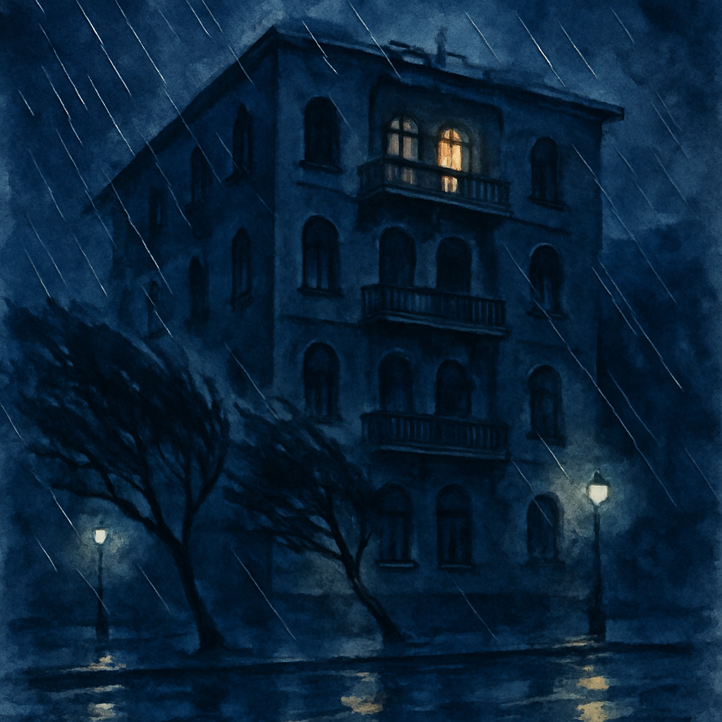 An exterior watercolor view of a Levantine apartment building at night during a heavy storm. Rain slashes diagonally across the dark sky. The trees on the street bend in the wind. Most windows are dar