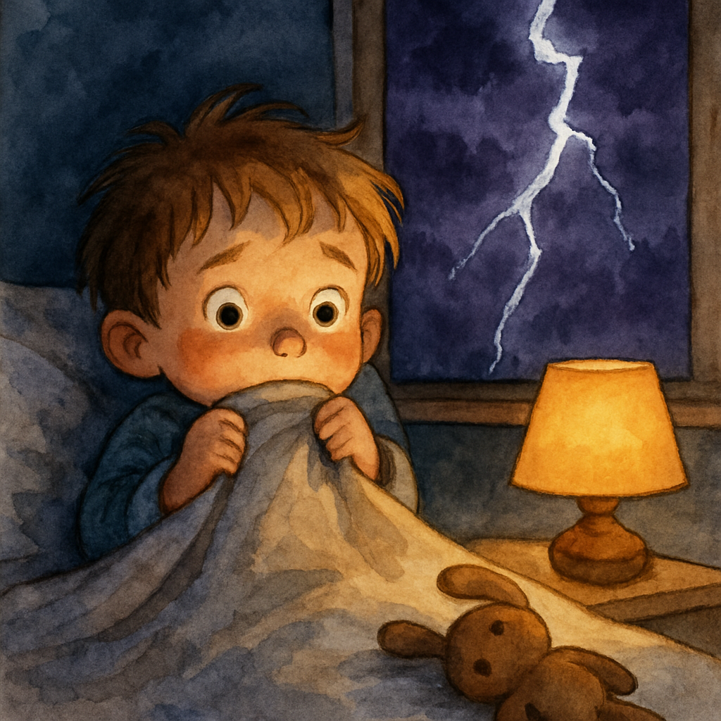 A watercolor close-up of a child sitting up in bed, eyes wide, blanket pulled up to their chin. Through the bedroom window behind them, a jagged bright streak of lightning splits the dark purple sky. 