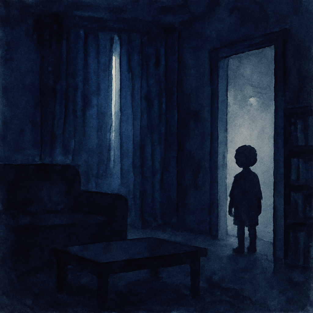 A watercolor scene of a dark Levantine living room — the silhouettes of a couch, a low table, and a bookshelf barely visible in the deep blue darkness. A thin line of moonlight comes through the curta