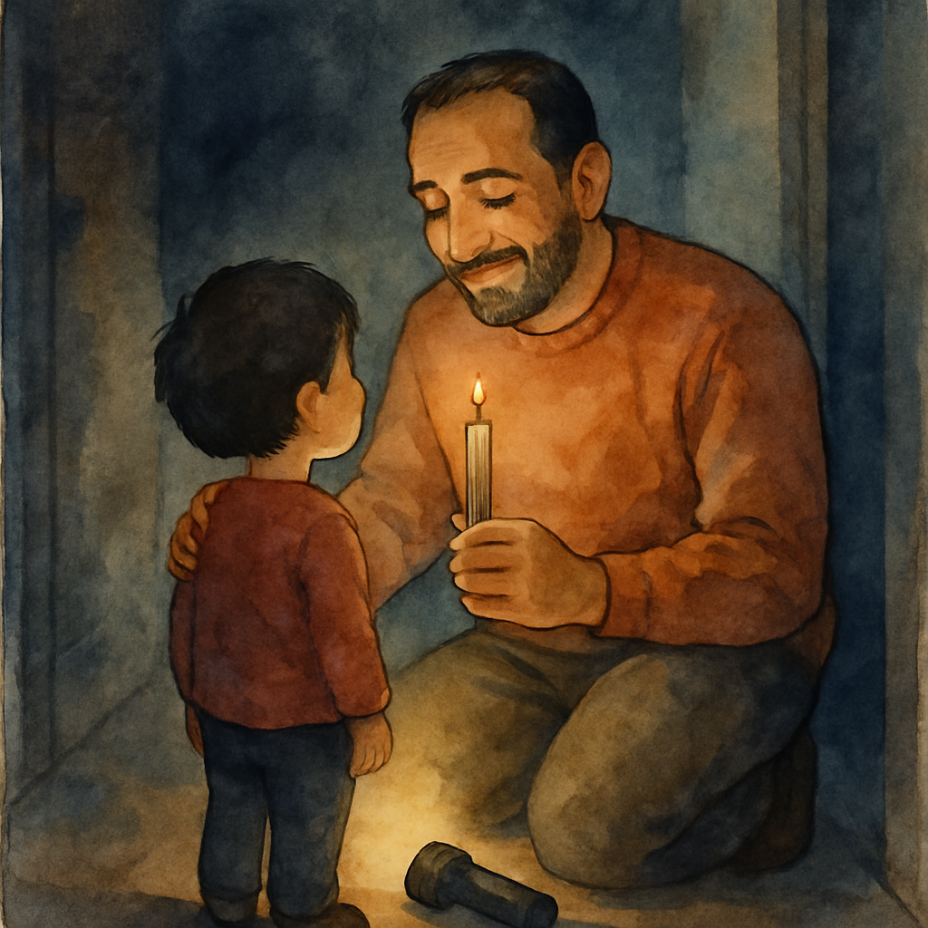 A watercolor scene of a warm-faced Levantine father in a simple sweater, kneeling down to the child's height in the dark hallway. He holds an unlit candle in one hand and rests the other gently on the