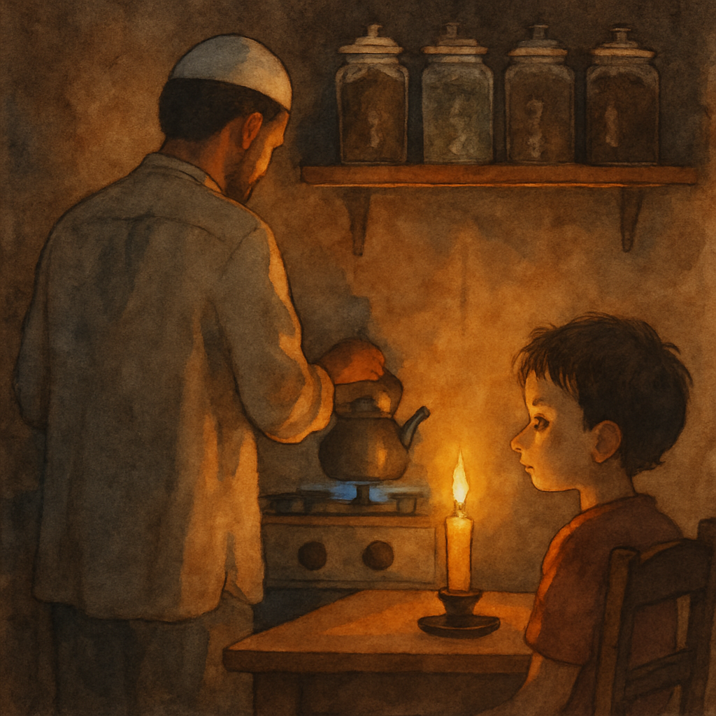 A watercolor scene of a small Levantine kitchen lit only by a single candle on the table. The father stands at the stove, his back to us, placing a small kettle on the gas flame. The blue flame and th