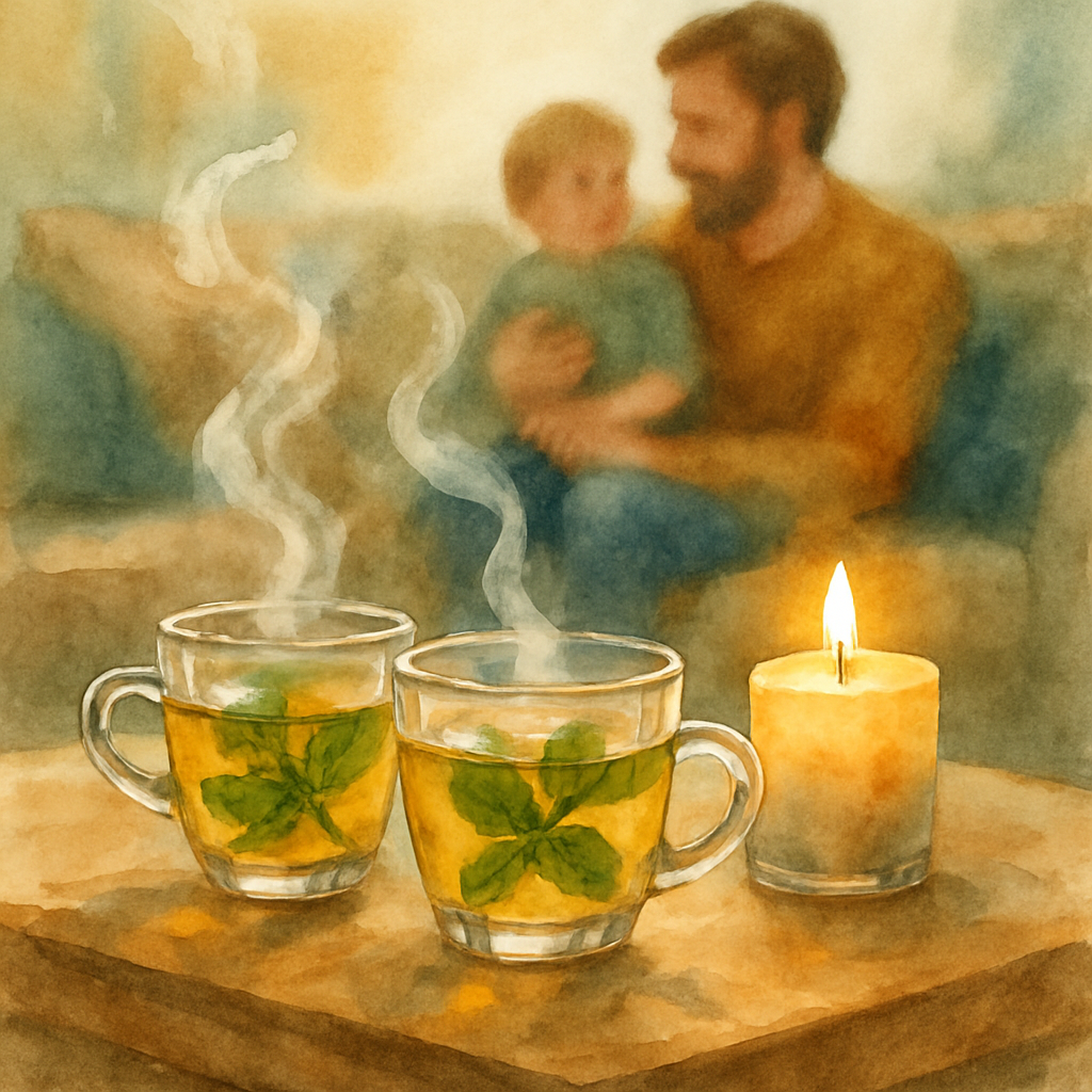 A watercolor close-up on a low wooden coffee table. Two small clear glass tea cups sit on the table, filled with golden mint tea, fresh mint leaves floating inside. Steam rises in soft curls. The cand