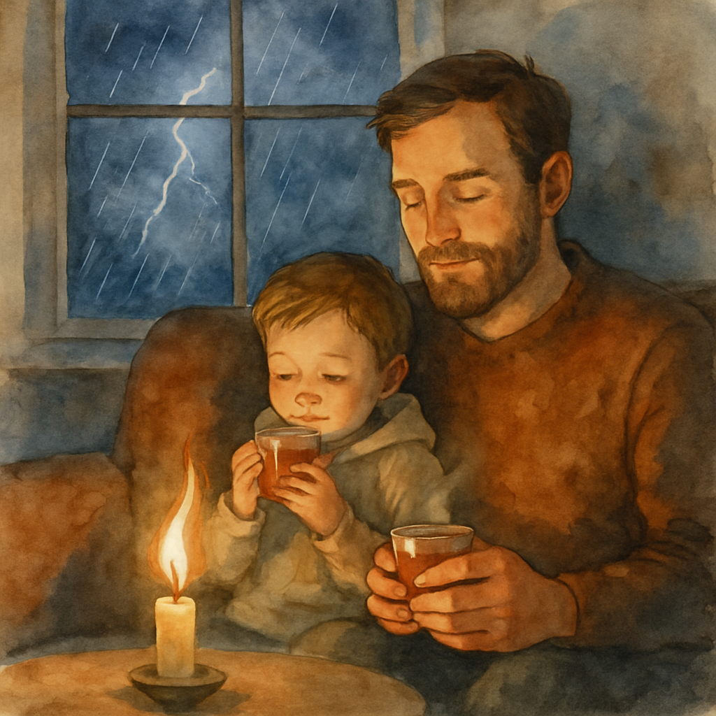 A watercolor scene of the father and child sitting close together on the couch, each holding a small glass of tea with both hands. The candle flame on the table bends slightly as if in a draft. Behind