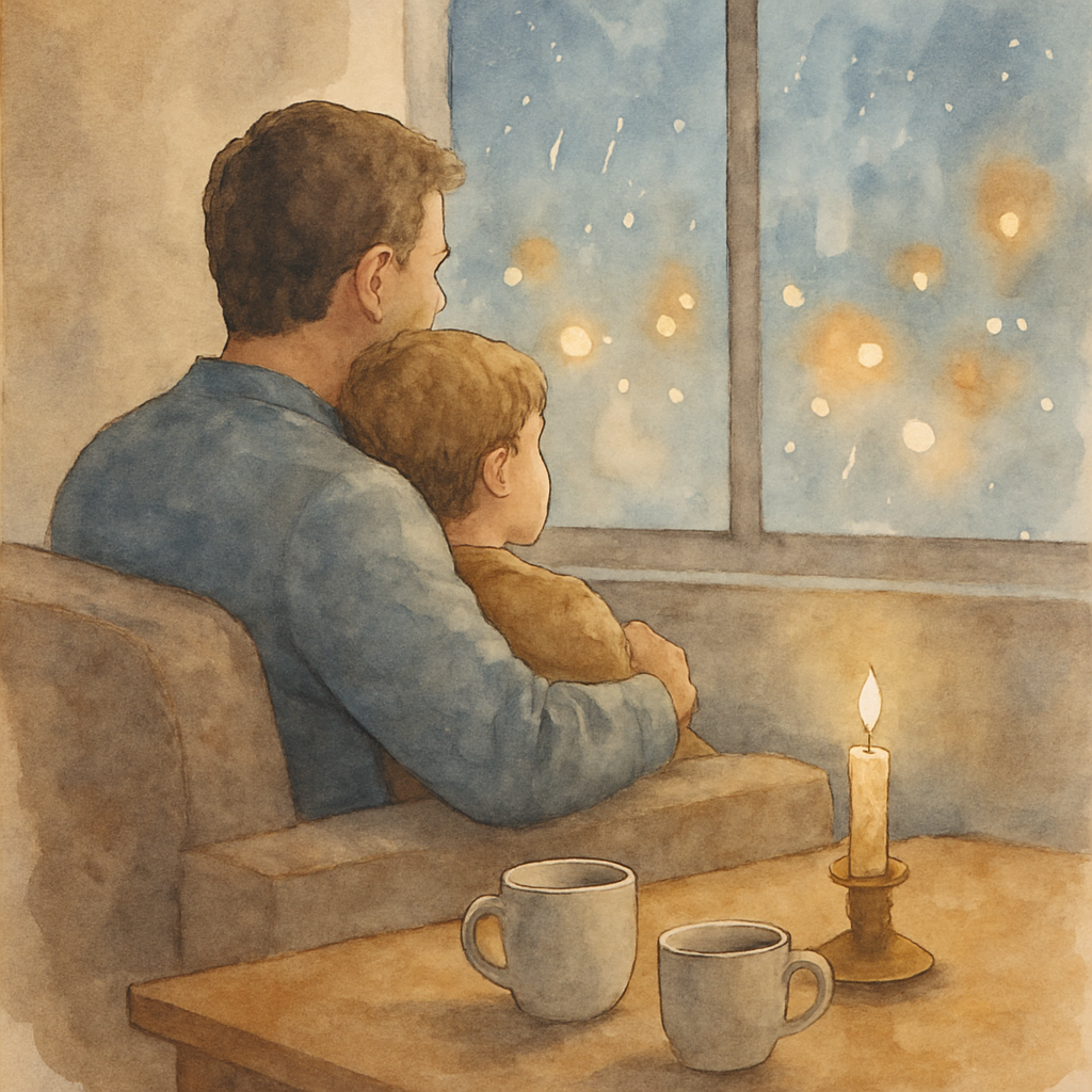 A tender watercolor scene of the child leaning their head against their father's shoulder on the couch. The father's arm is around them. Both look toward the window, where the rain blurs the city ligh