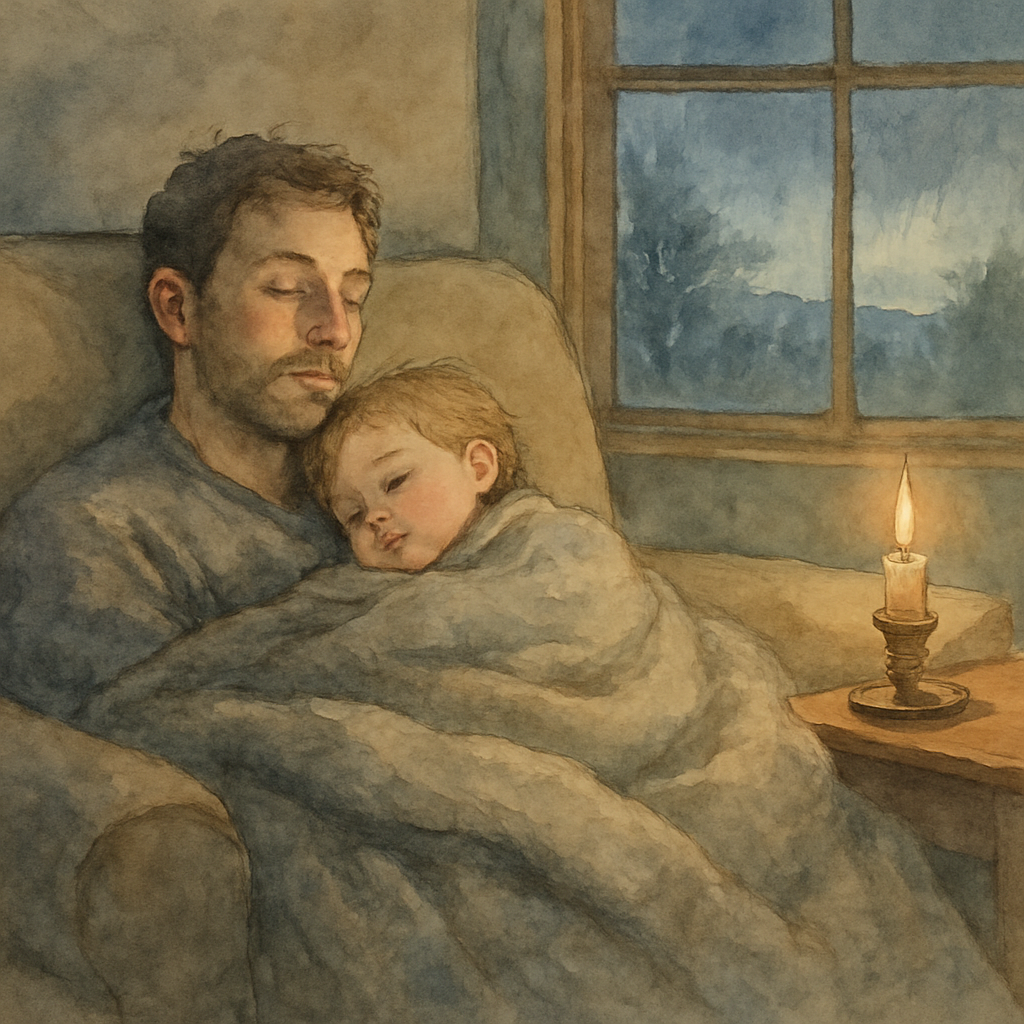 A quiet watercolor scene of father and child asleep together on the couch under a soft woolen blanket. The child's head rests on the father's chest. The candle has burned down to a small stub but stil