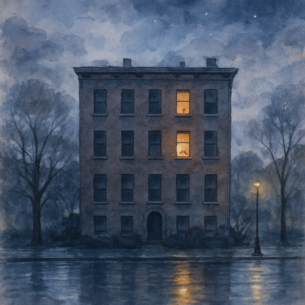 A final watercolor image: a wide view of the apartment building from outside in the soft early morning after the storm. The streets are wet and shining. Most of the windows are still dark, but one win