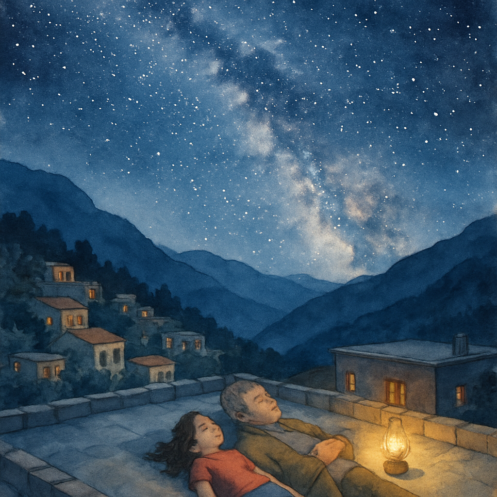 A wide watercolor scene of a Lebanese mountain village at night. A girl about ten years old lies on her back on a flat stone rooftop terrace beside an older man with silver hair and a soft cardigan. T