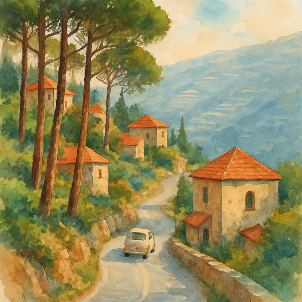 A narrow mountain road in Lebanon winding upward between tall pine trees. Stone houses with red-tiled roofs scattered along the hillside. A small car climbs the road. In the distance, terraced slopes 
