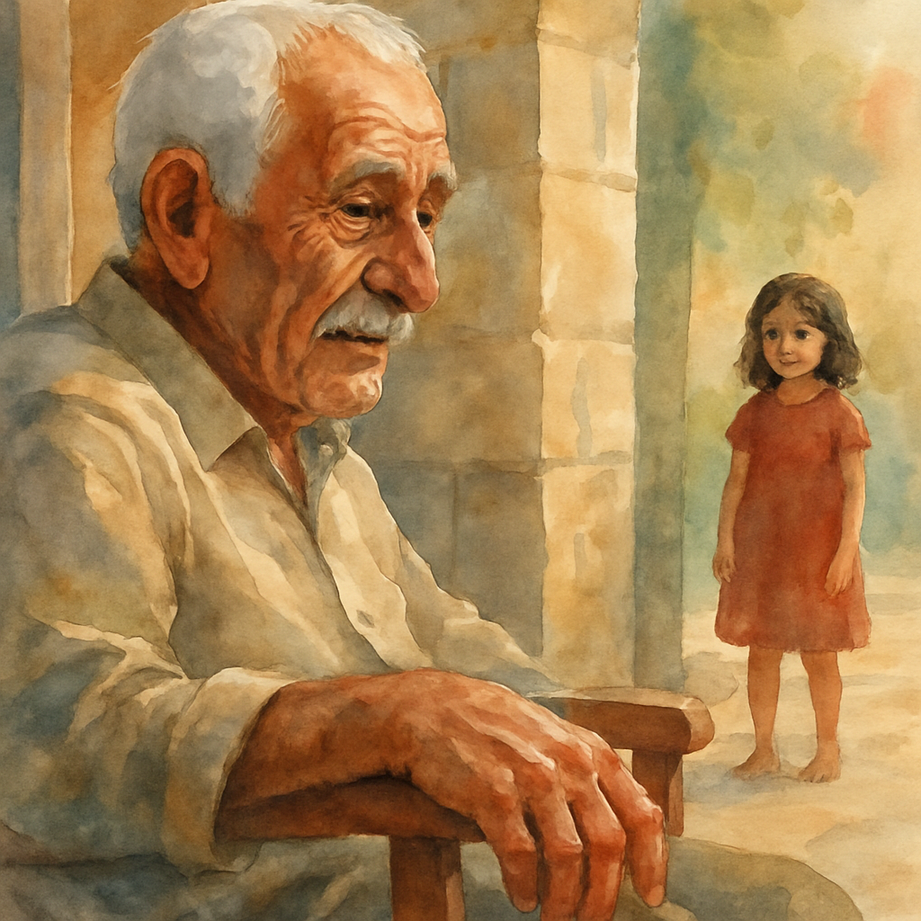 A close-up watercolor of an elderly Lebanese man with white hair, deep wrinkles, and gentle eyes. He is seated in a wooden chair on a stone porch, head turned slightly as if listening rather than look