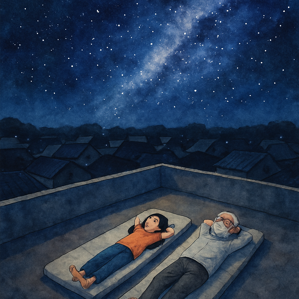A flat rooftop terrace seen from above at night. Two thin mattresses laid side by side, with a girl and her grandfather lying on them, looking up. A small clay cup of tea between them. The sky above f