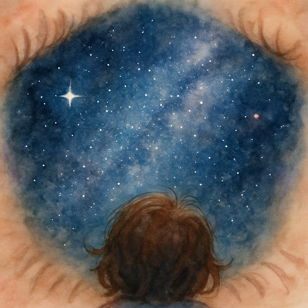 A child's-eye view looking straight up into a Lebanese night sky. The galaxy spills across the middle like scattered sugar. One bright white star stands out on the left, and a small reddish star glows
