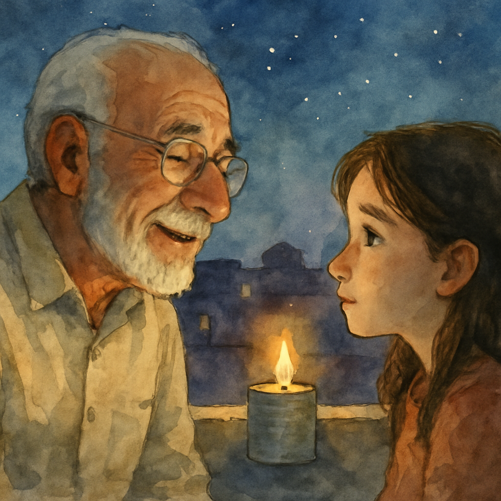 Same rooftop scene, but the focus is on Jiddo's face in profile, smiling gently, eyes half-closed as he speaks. His granddaughter listens intently beside him, her face turned toward him in the dim sta
