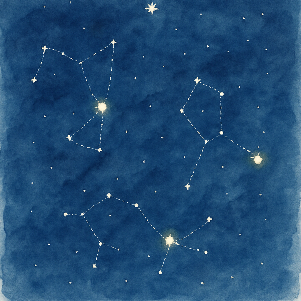 A simple star chart-like watercolor: three constellations softly painted against a dark blue sky, each with one named star glowing slightly brighter than the rest. Subtle dotted lines connecting some 