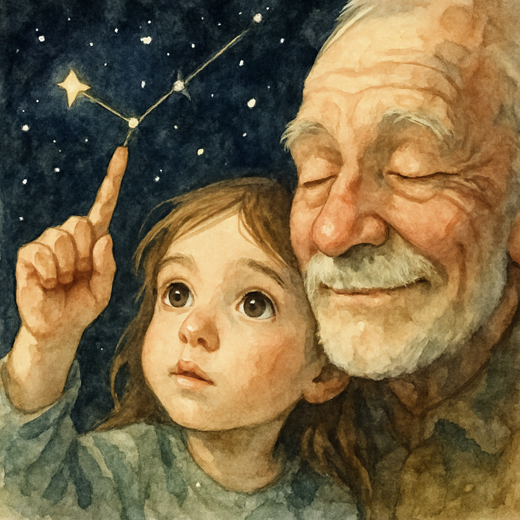 Close-up watercolor of a child's small finger raised against a dark starry sky, tracing an invisible line between stars. Beside her, the grandfather's face is shown with eyes gently closed, a small sm