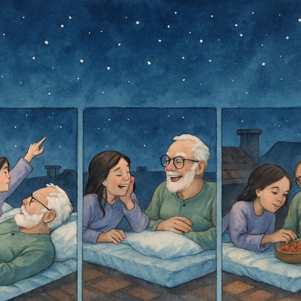 A horizontal watercolor showing a small montage: three nighttime rooftop scenes side by side, like film frames. In each, the same girl and grandfather lie on the mattresses, but in slightly different 