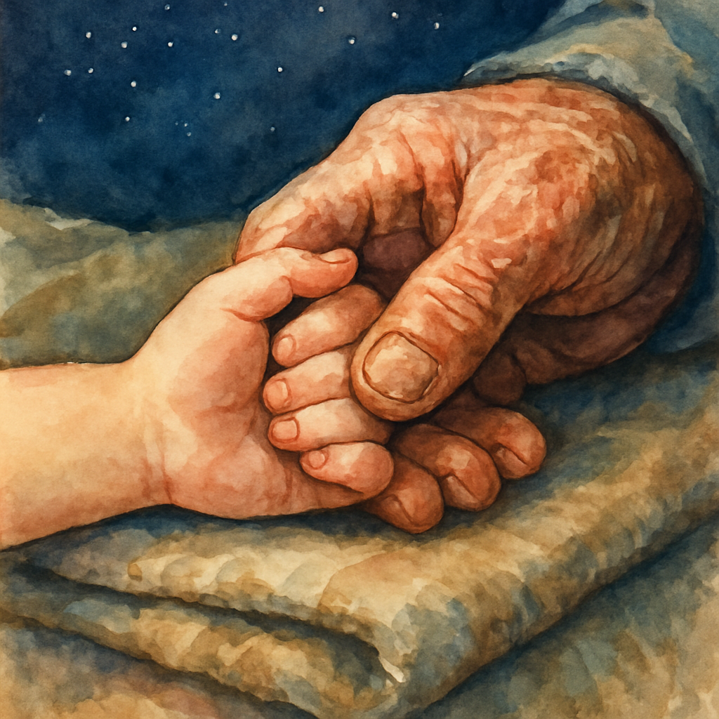 A tight watercolor close-up of two hands clasped together — a small girl's hand inside a large weathered older hand. The hands rest on a folded wool blanket. Above them, just visible at the top of the