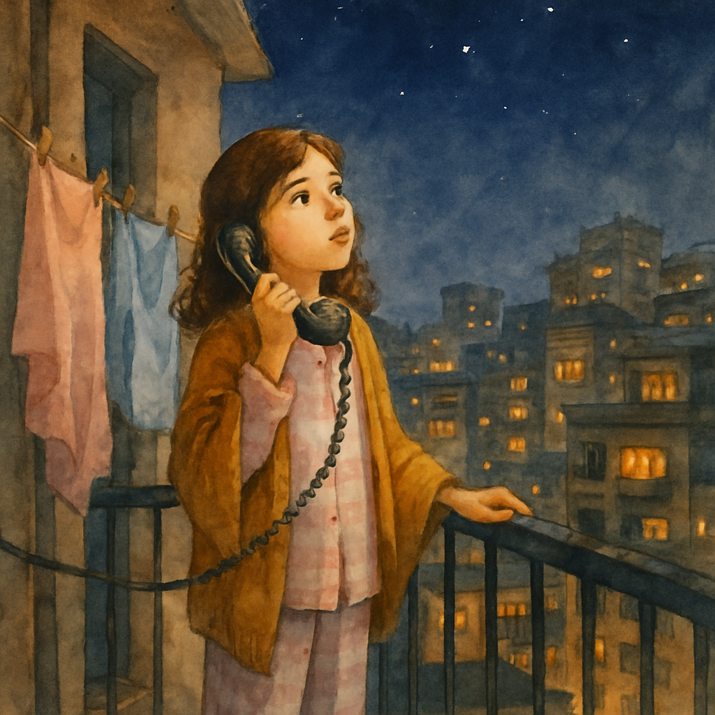 A girl about ten years old standing on a small Beirut apartment balcony at night, in pajamas with a sweater over her shoulders. She holds an old landline phone receiver to her ear with one hand, looki