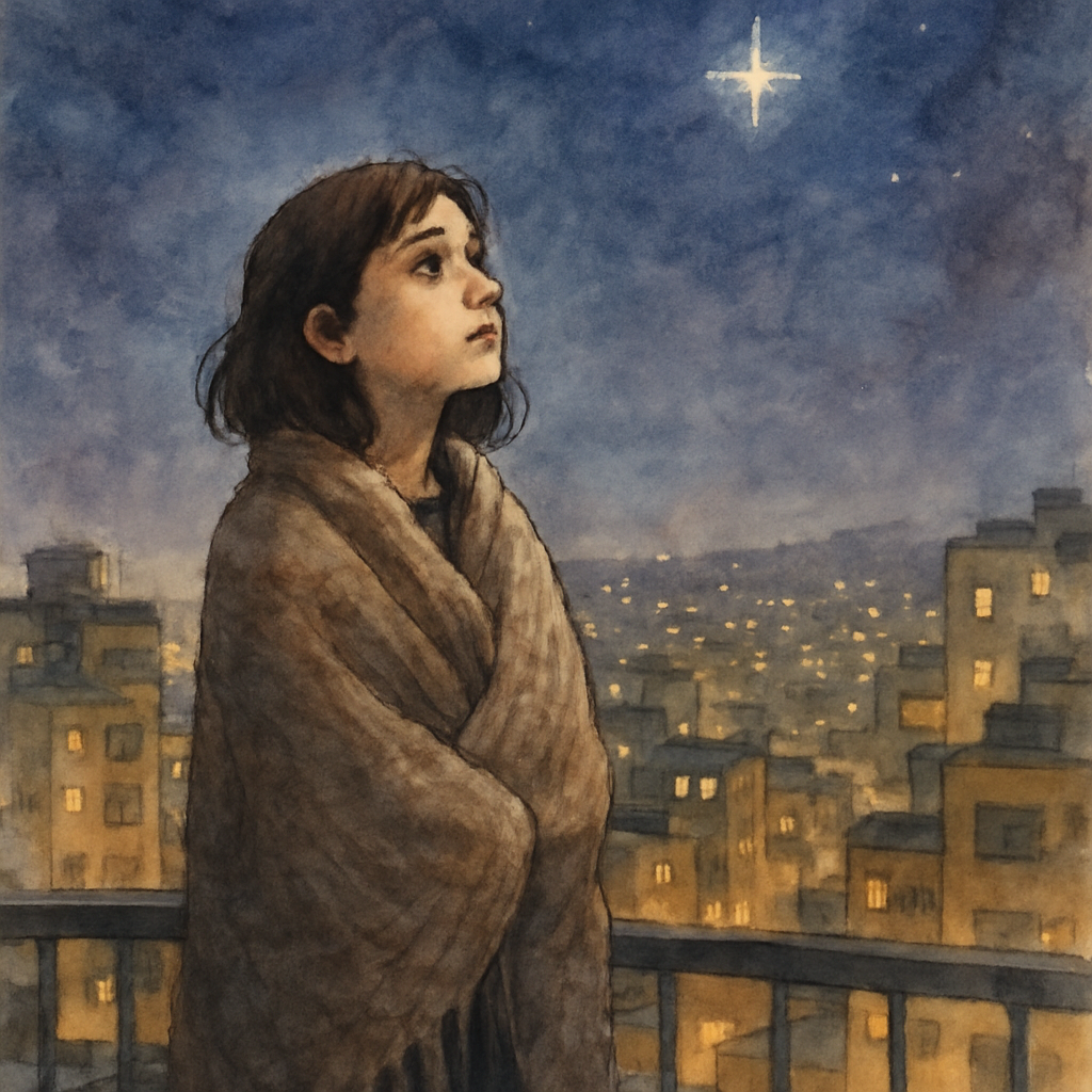 A slightly older girl, maybe twelve, standing alone on a Beirut rooftop at night, wrapped in a large knit blanket. She looks up at the sky. One bright star shines clearly above her. Her face is calm —