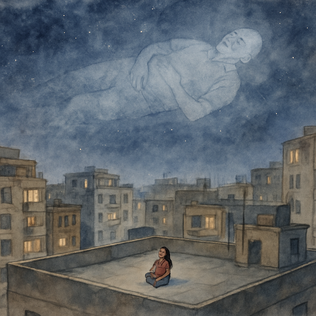 A wide watercolor: the same rooftop in Beirut from a high angle, the girl small in the frame, looking up. Above her, the night sky opens vast and deep, and faintly — almost imagined, drawn in lighter 