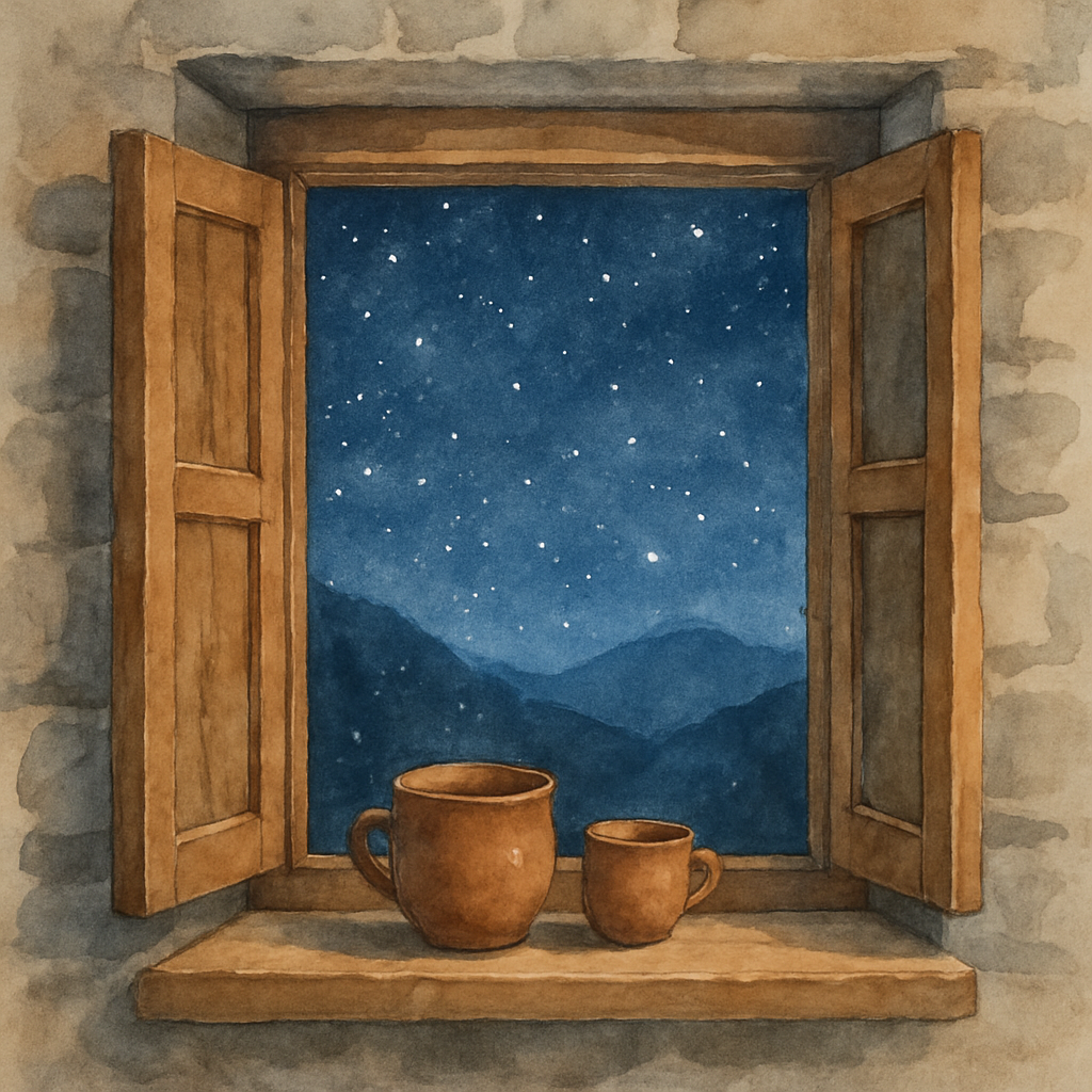 A single quiet watercolor image: a small wooden window in a stone village house, open to the night. Through the window, the deep starry sky and a glimpse of mountains. On the windowsill, two clay cups