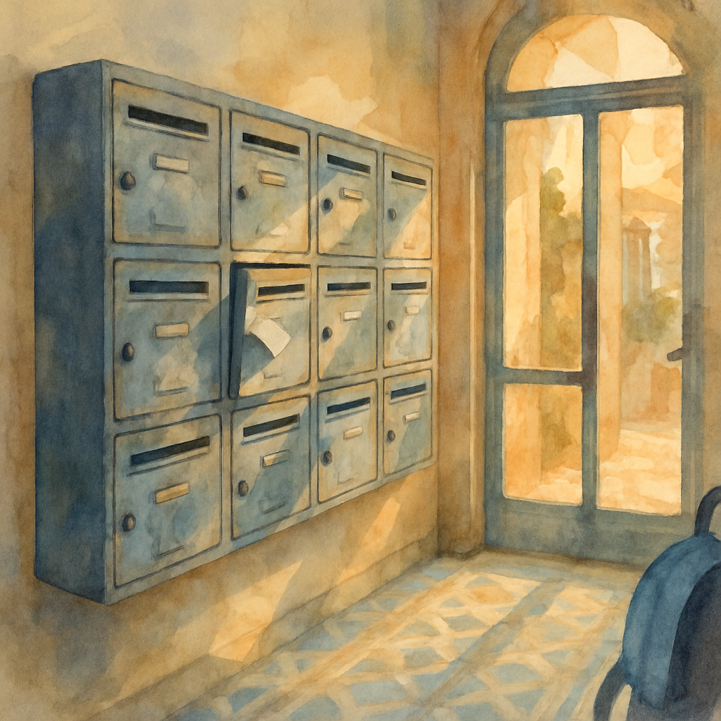 A row of metal mailboxes in the entryway of a Levantine apartment building. One mailbox is slightly open, and a small folded piece of white paper peeks out — no envelope, no name. The tiled floor is p