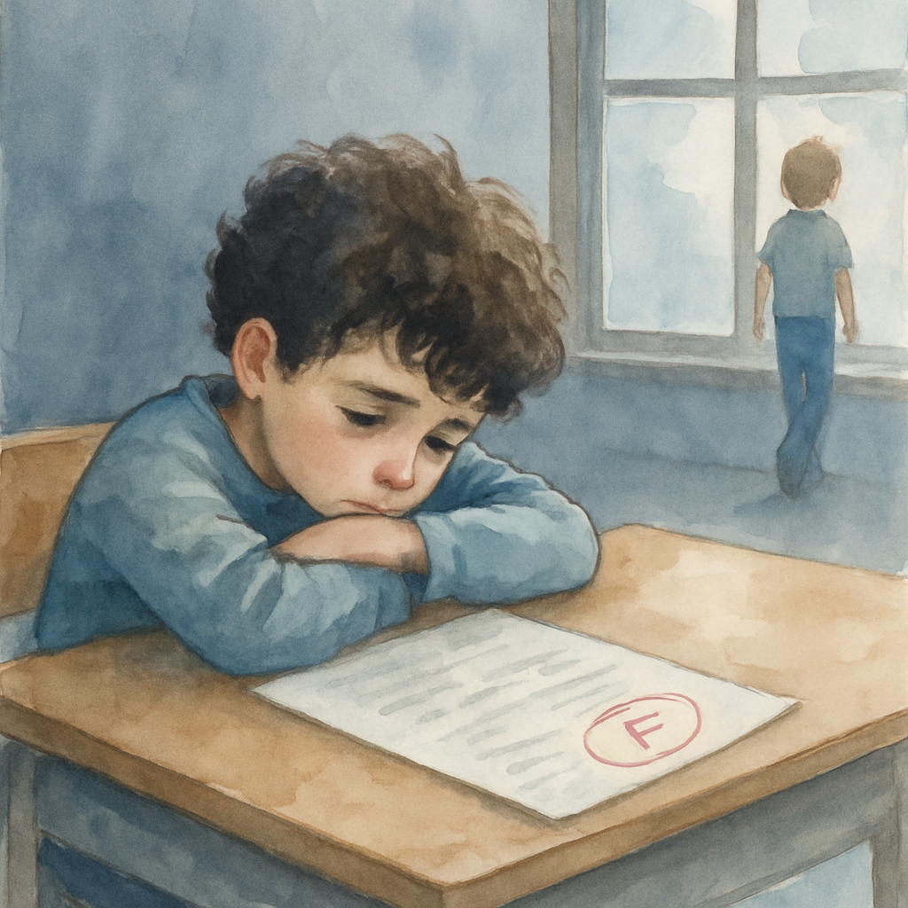 A boy around 10 with curly dark hair sits alone at a school desk, his head resting on his arms. A test paper sits in front of him with a low mark circled in red. Through the classroom window, you can 
