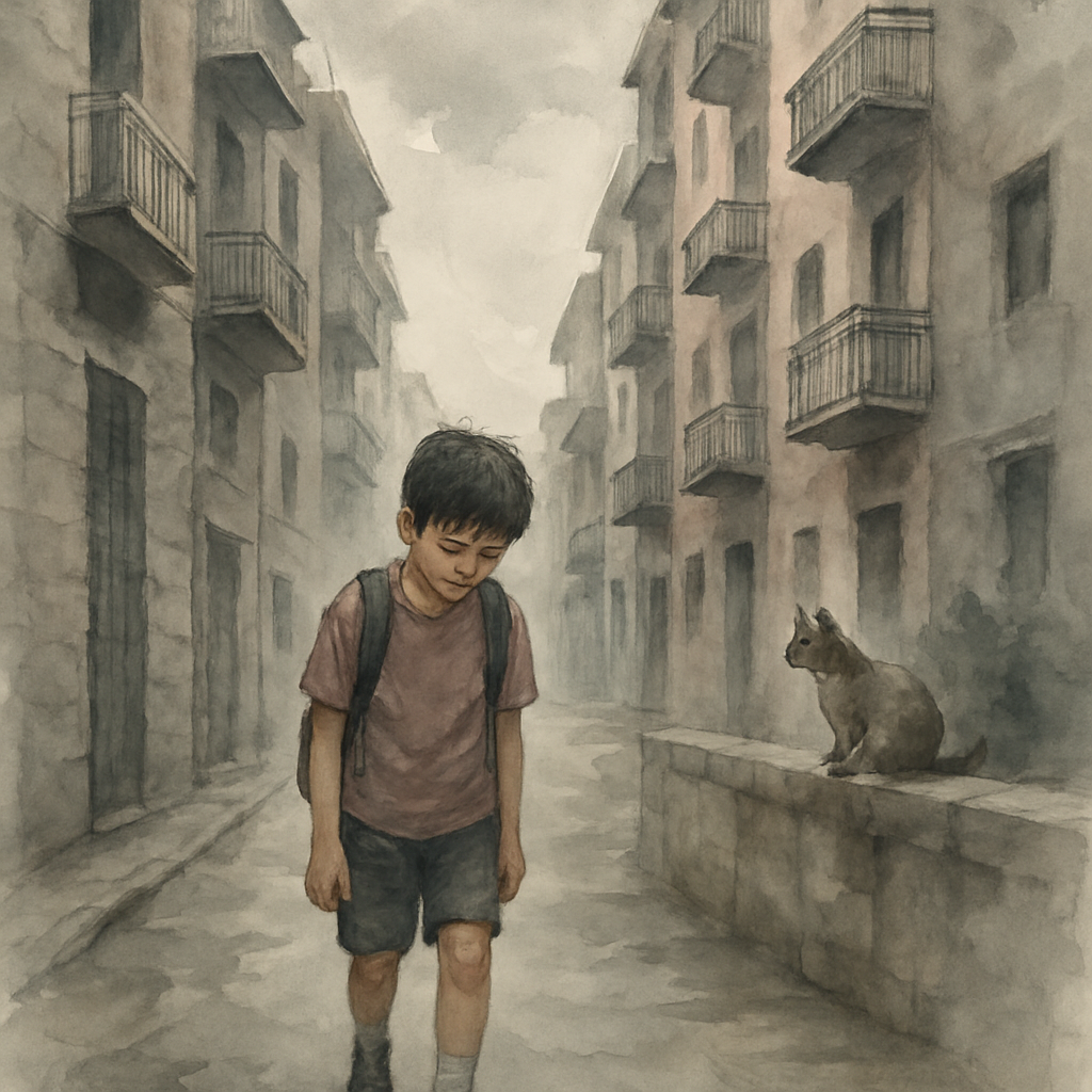 The same boy walking home along a Levantine city street, head down, a small bandage on his knee. Tall stone-and-concrete apartment buildings rise on both sides with iron balconies. A grey overcast sky