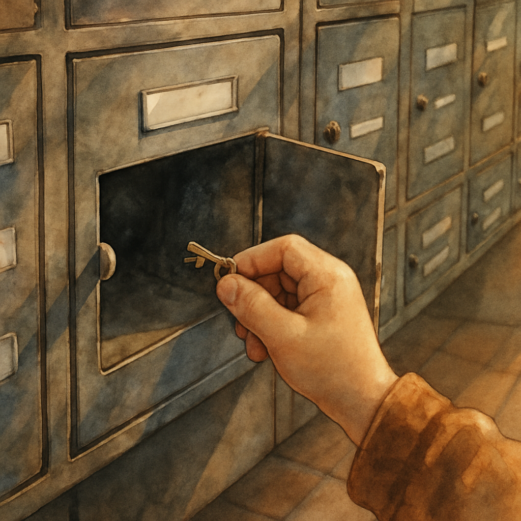 Close-up of a child's hand turning a tiny brass key in an old metal mailbox. The mailbox door is just beginning to swing open. The other mailboxes around it have residents' names on small white labels