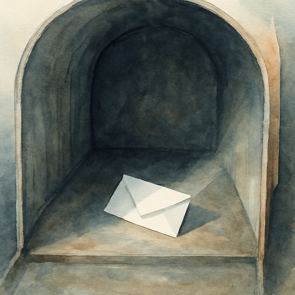 A simple, quiet image: a single small white folded paper resting at the bottom of an open mailbox. A thin shaft of light falls on it. Nothing else inside. The paper looks almost like it is waiting. Wa