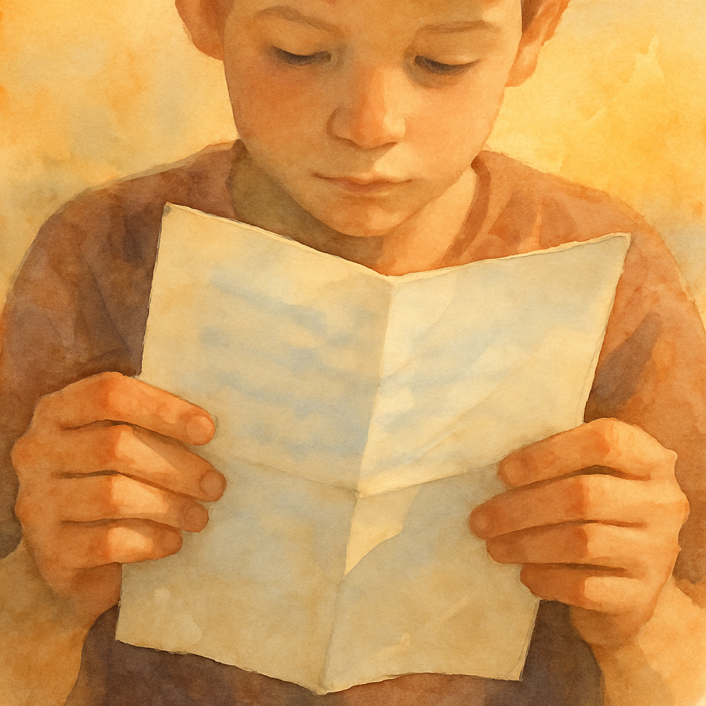 A close-up of the boy's hands holding the unfolded note. We see the back of the note and the edge of his fingers. His face is just barely visible at the top of the frame, eyes lowered, reading. Soft b
