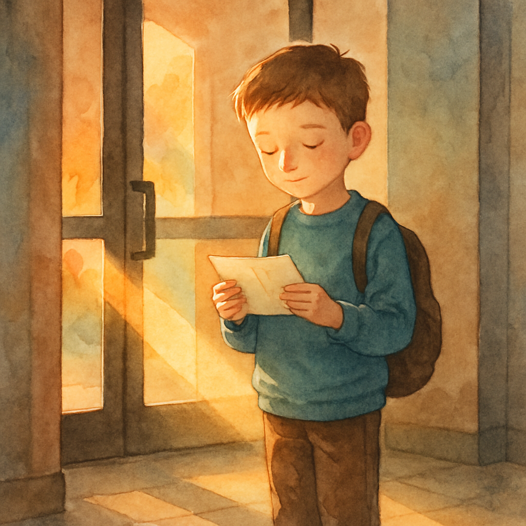 The boy is now standing very still in the building's entryway, holding the open note in both hands. His face — for the first time in the story — is soft. Not smiling exactly, but no longer crushed. A 
