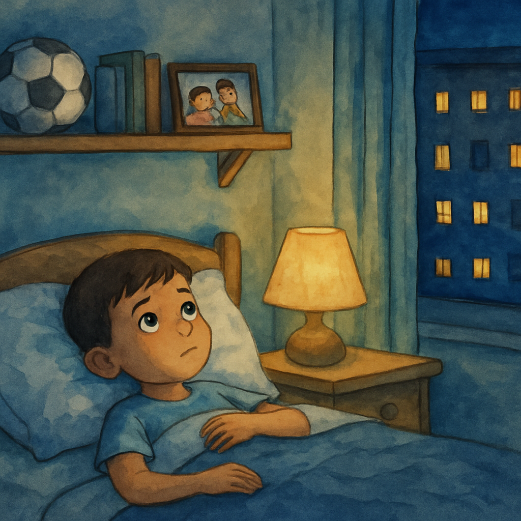 A child's bedroom at night. Sami lies in bed, eyes open, looking up at the ceiling. One hand is tucked under his pillow. A small bedside lamp glows warmly. On a shelf: a soccer ball, a few books, a fr