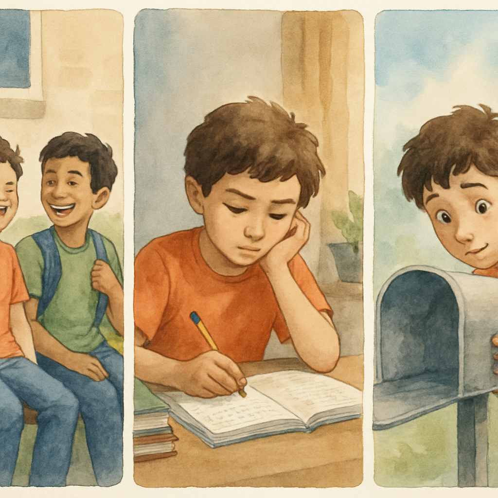 A small visual sequence in one frame, like a comic strip with three panels softly painted: Sami laughing with Kareem on a school bench; Sami concentrating on math homework at home; Sami opening the em