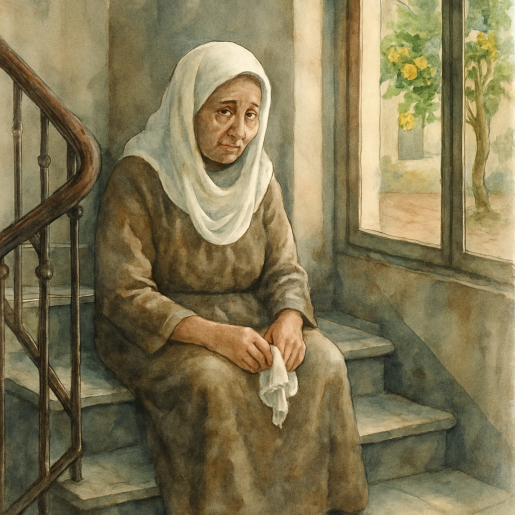 An elderly Levantine woman in a long housedress and a soft white headscarf sits on the stairs of an apartment building, a handkerchief in her hand. The stairwell has worn marble steps and an iron rail