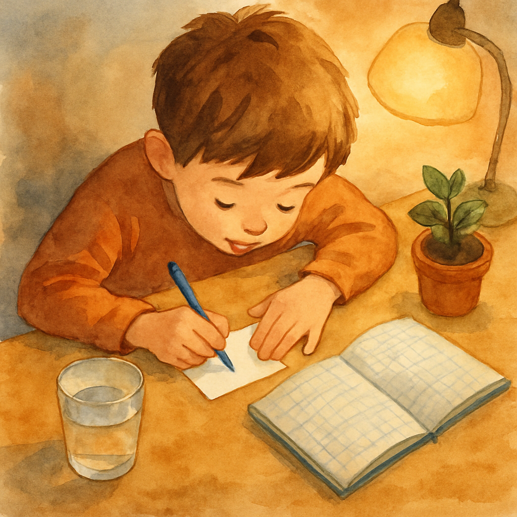 A view from above of a boy bent over a desk, carefully writing on a small piece of white paper with a blue pen. His tongue is sticking out a tiny bit in concentration. Next to him on the desk: a glass