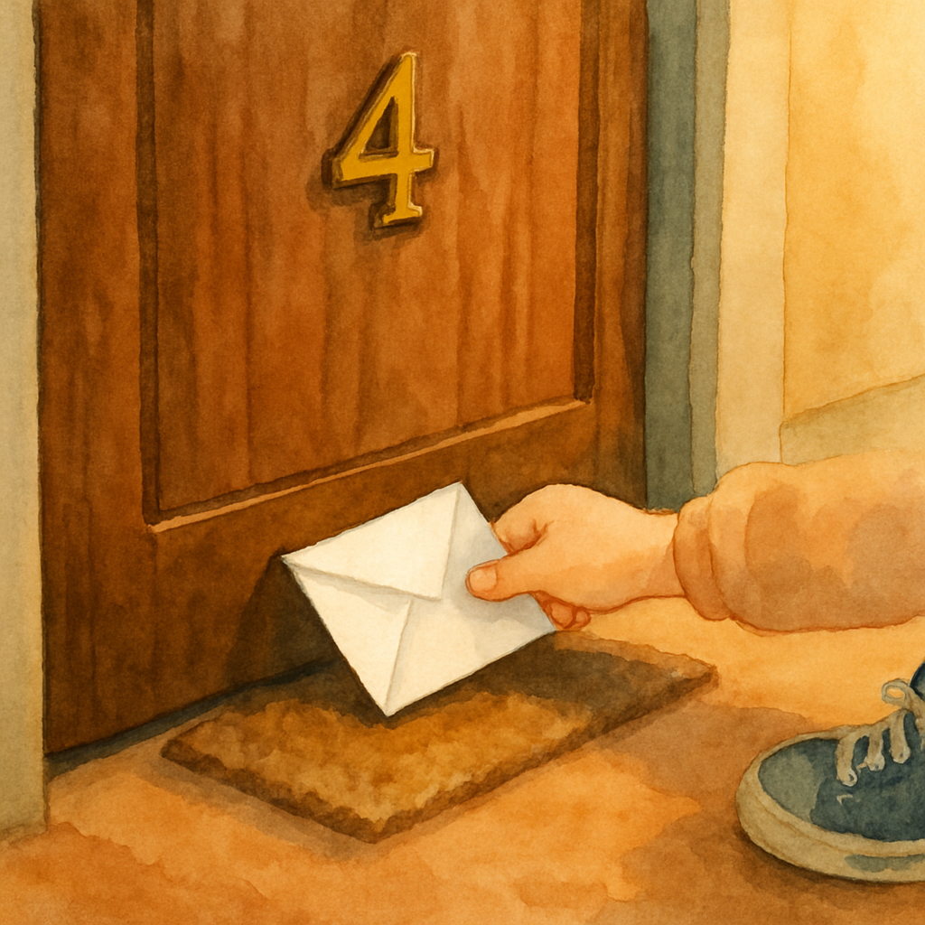 Close-up of a small hand sliding a folded white note under a wooden apartment door. The door has a brass number "4" and a small worn doormat. Sami's sneakers are barely visible at the edge of the fram