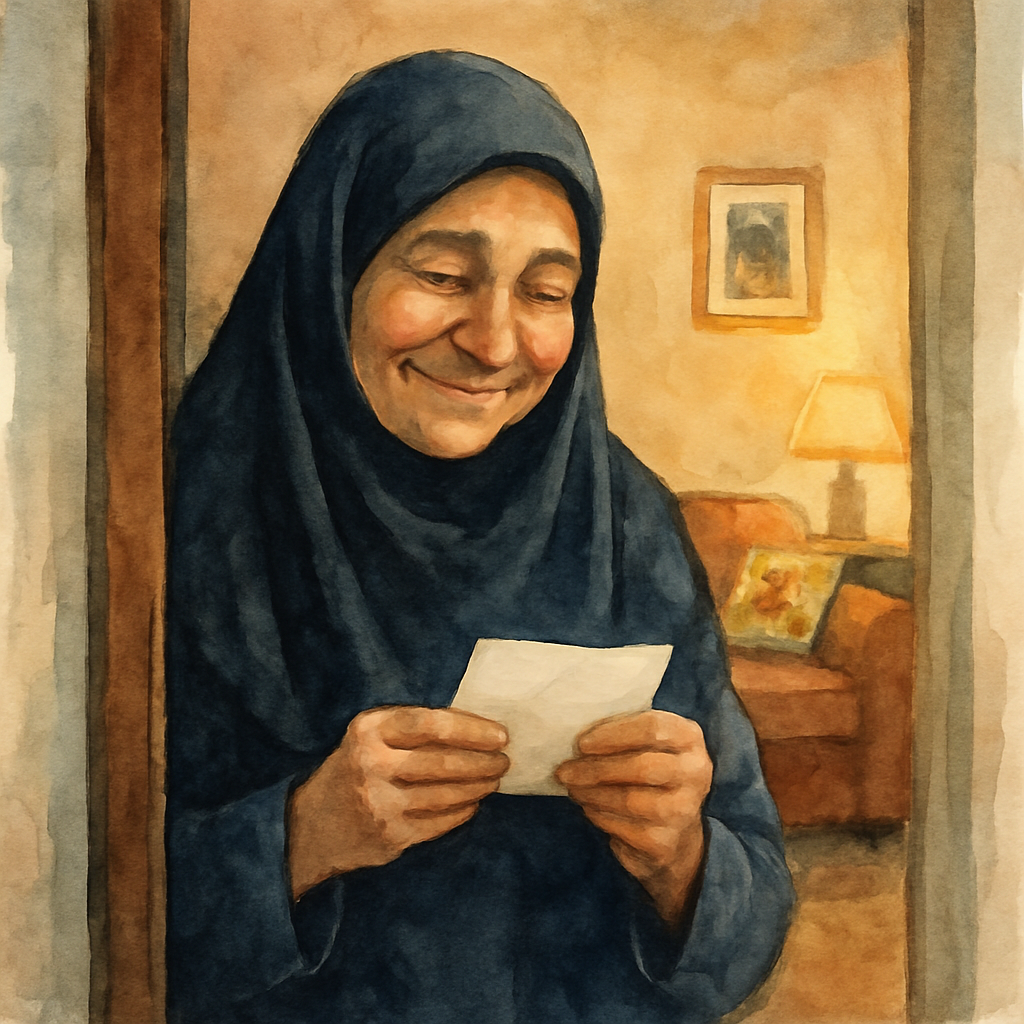 Umm Yusuf standing in her doorway, the small note held in both her hands, reading it. The corners of her eyes crinkle into a soft smile. Behind her, the warm interior of her apartment glows: a couch w