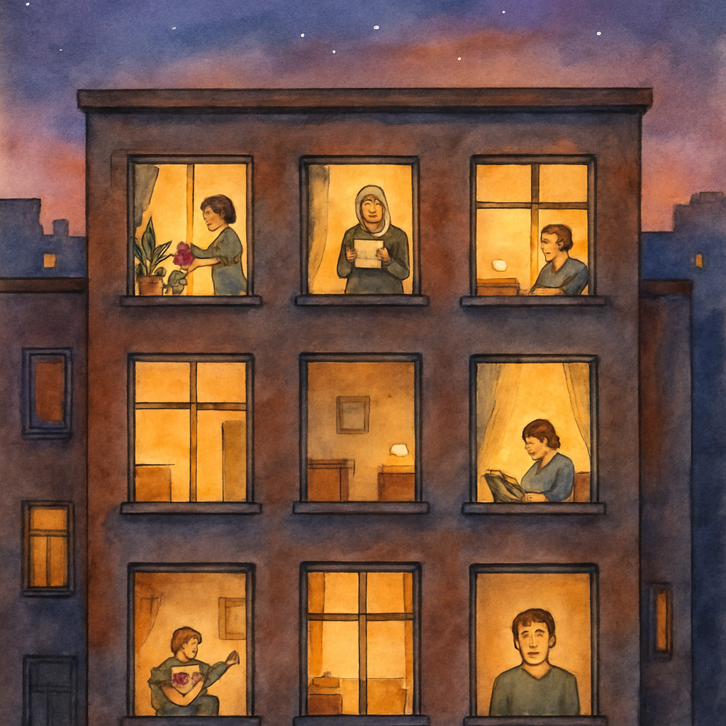 A cross-section view of the apartment building at twilight — like a dollhouse open to the viewer. We can see Sami in his room on a lower floor, smiling softly to himself. Umm Yusuf on the fourth floor