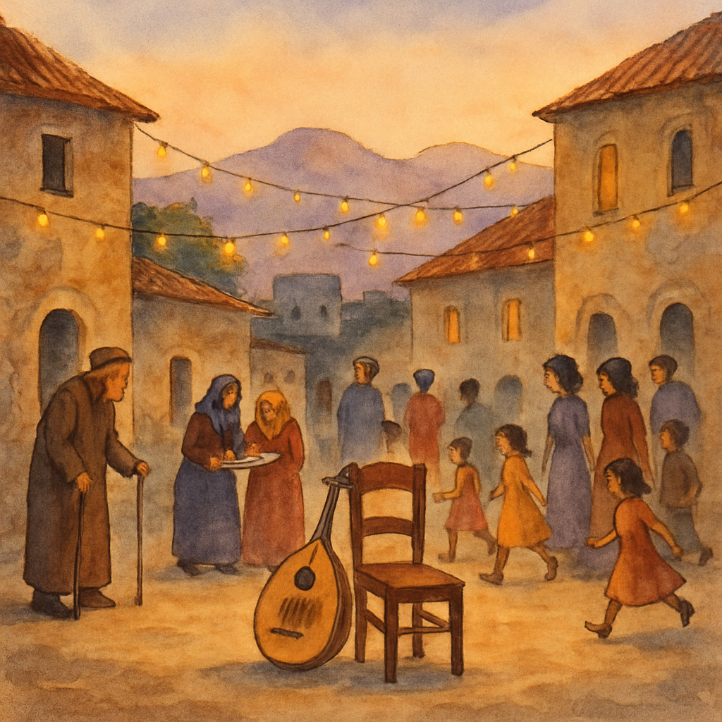 A warm evening scene of a Levantine village square strung with small yellow lights between old stone buildings. In the center, a single wooden chair waits, empty, with an oud resting against it. Neigh