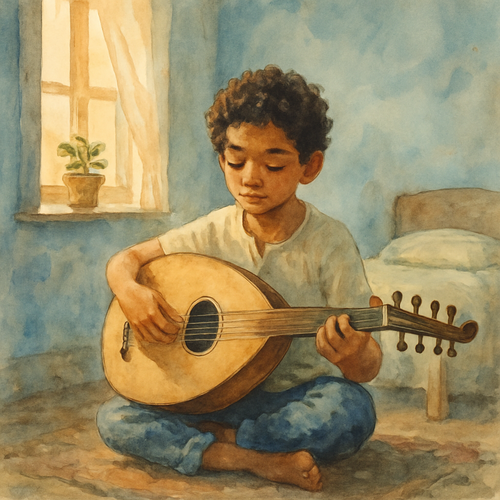 A boy of about ten, with dark curly hair and warm brown skin, sitting cross-legged on a worn rug in a small bedroom. He holds an oud in his lap, his fingers carefully placed on the strings. Sunlight s