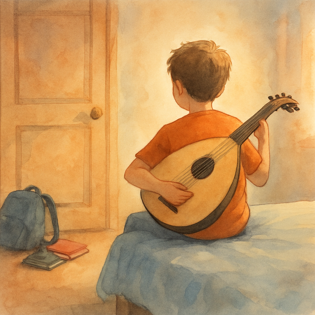 The same boy from behind, sitting on the edge of his bed, oud in his arms. The door of the room is closed. A schoolbag is dropped near the door, books spilling out. His shoulders are relaxed — this is