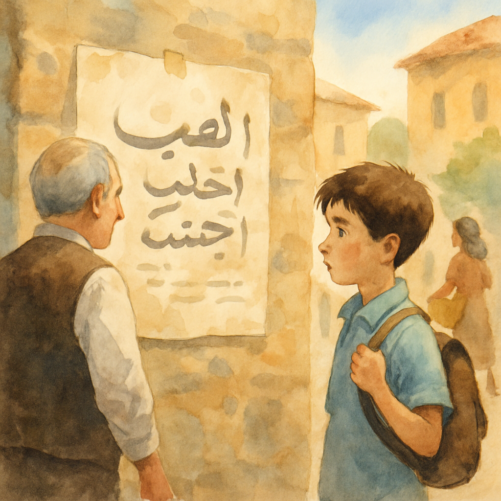 A close-up of a hand-lettered Arabic poster taped to a stone wall in the village square. An older man in a vest is just stepping away from it. The boy Sami stands a few steps back, reading it, one han